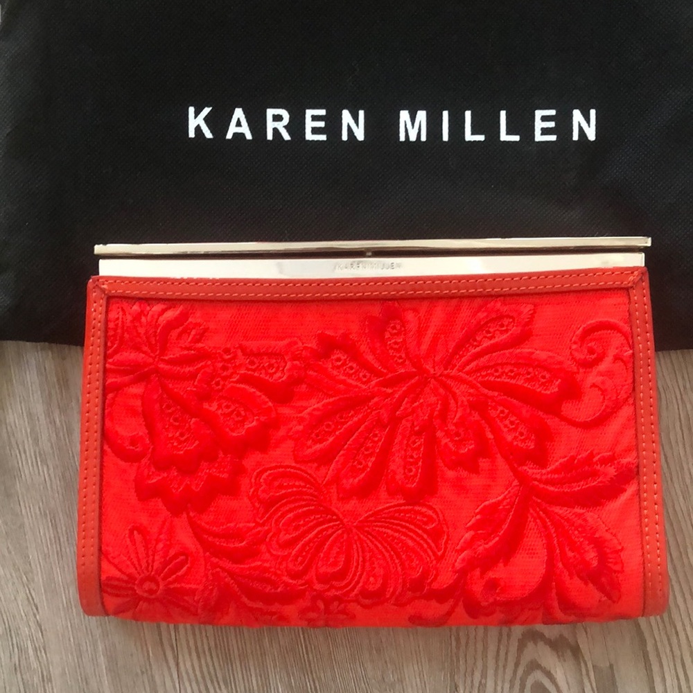Karen Millen Red Floral Embroidered Clutch with Gold Frame